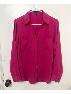 Express Women’s M Pink Solid Collared Long Sleeve Button-Front Blouse